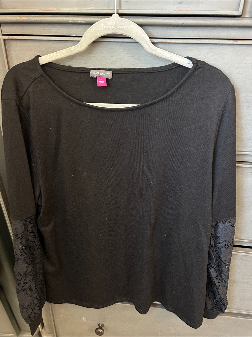 Vince Camuto Black Long-Sleeve Top with Lace Sleeve Insets